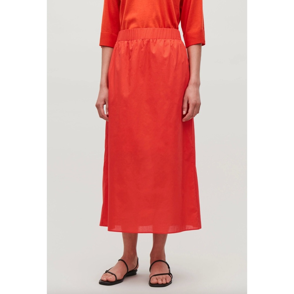 COS Bright Orange Red 100% Cotton Midi Skirt with Pockets Size 36 US 6
